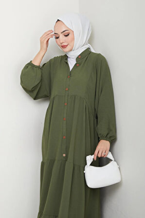 Kadın Düğmeli Haki Ayrobin Elbise