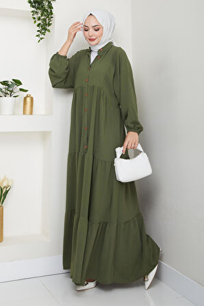 Kadın Düğmeli Haki Ayrobin Elbise