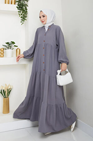 Kadın Düğmeli Gri Ayrobin Elbise