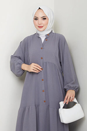 Kadın Düğmeli Gri Ayrobin Elbise