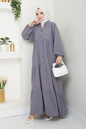 Kadın Düğmeli Gri Ayrobin Elbise