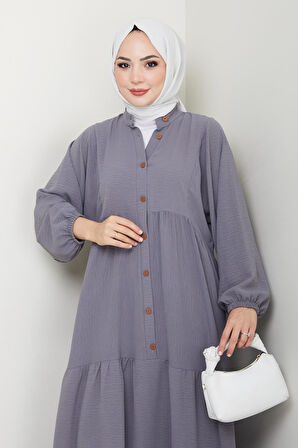 Kadın Düğmeli Gri Ayrobin Elbise