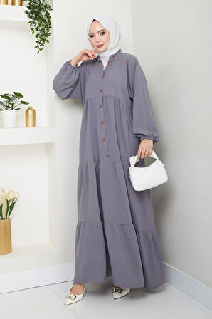 Kadın Düğmeli Gri Ayrobin Elbise