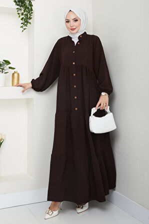 Kadın Düğmeli Kahverengi Ayrobin Elbise