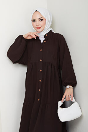 Kadın Düğmeli Kahverengi Ayrobin Elbise