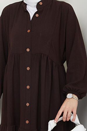 Kadın Düğmeli Kahverengi Ayrobin Elbise