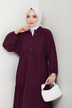 Kadın Düğmeli Mor Ayrobin Elbise