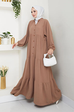 Kadın Düğmeli Bej Ayrobin Elbise