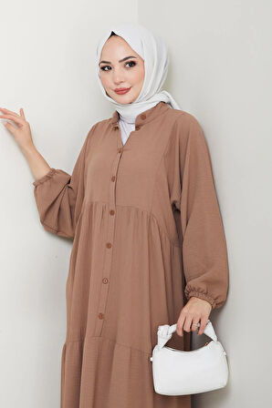 Kadın Düğmeli Bej Ayrobin Elbise
