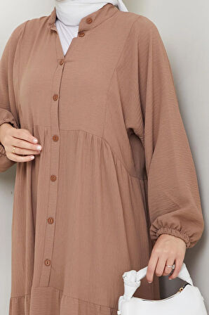 Kadın Düğmeli Bej Ayrobin Elbise