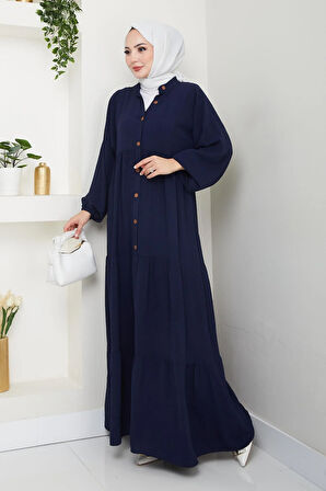 Kadın Düğmeli Lacivert Ayrobin Elbise