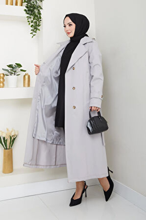 Kadın Düğmeli Kuşaklı Gri Trençkot