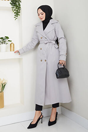 Kadın Düğmeli Kuşaklı Gri Trençkot