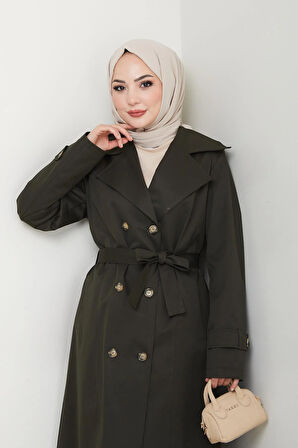 Kadın Düğmeli Kuşaklı Haki Trençkot