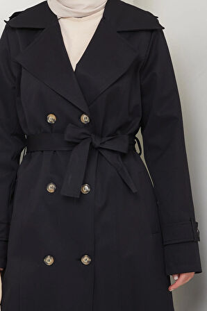 Kadın Düğmeli Kuşaklı Siyah Trençkot