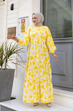 Kadın Düğmeli Desenli Sarı Modal Elbise