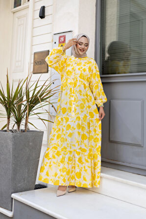 Kadın Düğmeli Desenli Sarı Modal Elbise