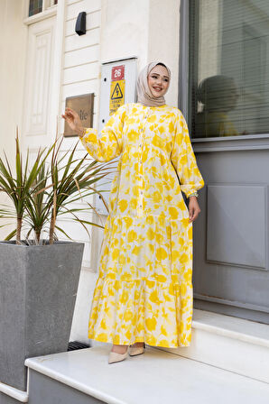 Kadın Düğmeli Desenli Sarı Modal Elbise
