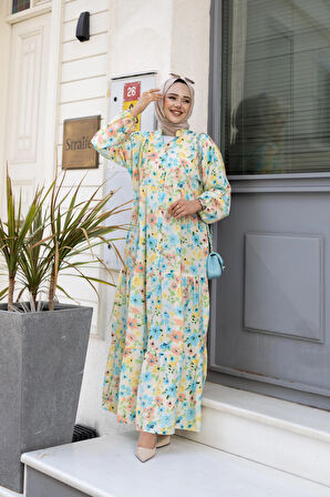 Kadın Düğmeli Desenli Yeşil Modal Elbise