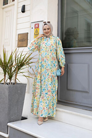 Kadın Düğmeli Desenli Yeşil Modal Elbise