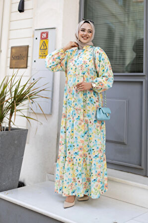 Kadın Düğmeli Desenli Yeşil Modal Elbise