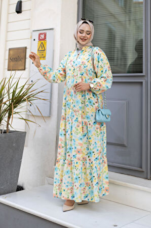 Kadın Düğmeli Desenli Yeşil Modal Elbise