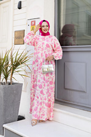 Kadın Düğmeli Desenli Pembe Modal Elbise