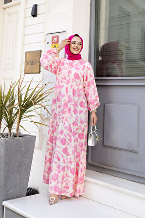 Kadın Düğmeli Desenli Pembe Modal Elbise