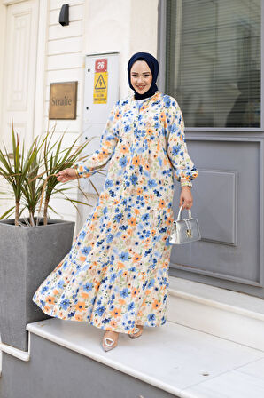 Kadın Düğmeli Desenli Mavi Modal Elbise