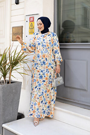 Kadın Düğmeli Desenli Mavi Modal Elbise