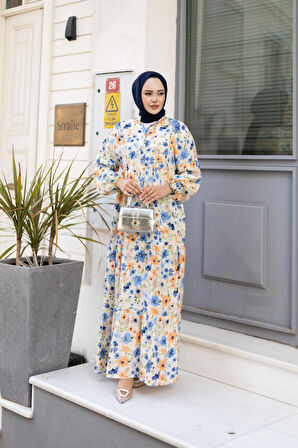 Kadın Düğmeli Desenli Mavi Modal Elbise