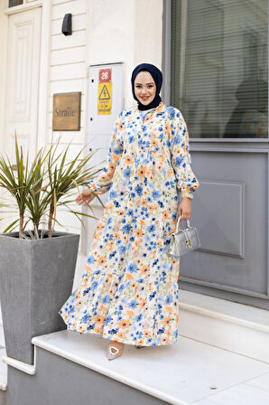 Kadın Düğmeli Desenli Mavi Modal Elbise