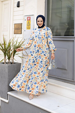 Kadın Düğmeli Desenli Mavi Modal Elbise