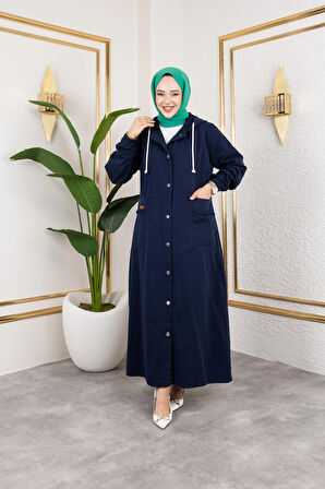 Kadın Düğmeli Kapüşonlu Cep Püsküllü Lacivert Kot Kap