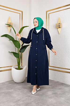 Kadın Düğmeli Kapüşonlu Cep Püsküllü Lacivert Kot Kap