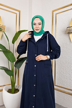 Kadın Düğmeli Kapüşonlu Cep Püsküllü Lacivert Kot Kap