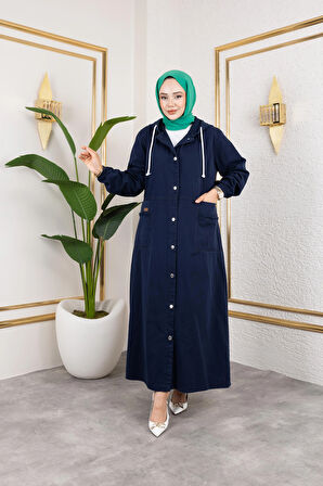 Kadın Düğmeli Kapüşonlu Cep Püsküllü Lacivert Kot Kap