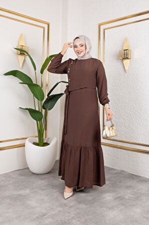 Kadın Bağlama Detaylı Çilek Kumaş Kahverengi Elbise