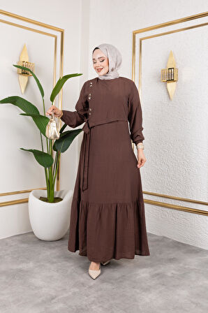Kadın Bağlama Detaylı Çilek Kumaş Kahverengi Elbise
