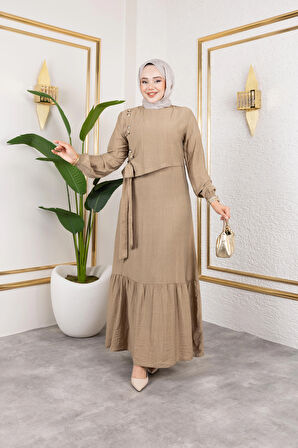 Kadın Bağlama Detaylı Çilek Kumaş Bej Elbise