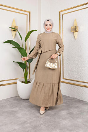 Kadın Bağlama Detaylı Çilek Kumaş Bej Elbise