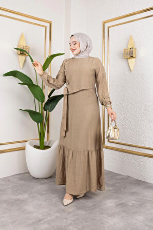 Kadın Bağlama Detaylı Çilek Kumaş Bej Elbise