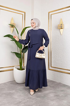 Kadın Bağlama Detaylı Çilek Kumaş Lacivert Elbise