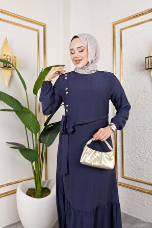 Kadın Bağlama Detaylı Çilek Kumaş Lacivert Elbise
