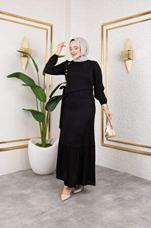 Kadın Bağlama Detaylı Çilek Kumaş Siyah Elbise