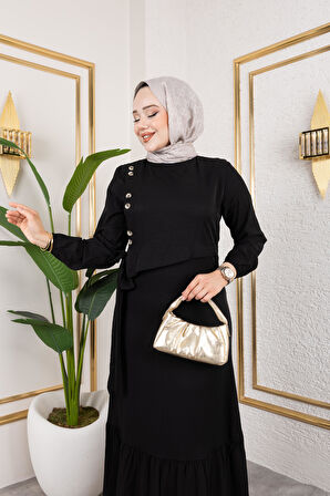 Kadın Bağlama Detaylı Çilek Kumaş Siyah Elbise