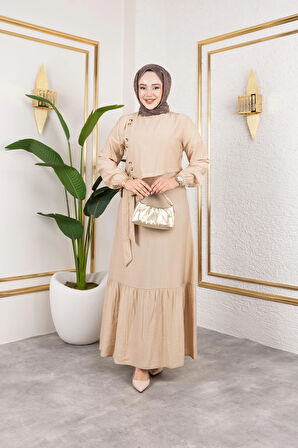 Kadın Bağlama Detaylı Çilek Kumaş Vizyon Elbise