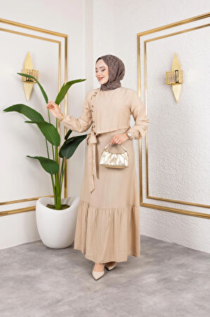 Kadın Bağlama Detaylı Çilek Kumaş Vizyon Elbise