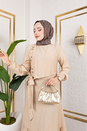 Kadın Bağlama Detaylı Çilek Kumaş Vizyon Elbise