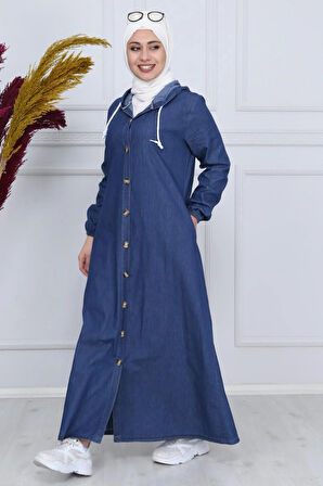 Kadın Boydan Düğmeli Kapüşonlu Koyu Mavi Kot Elbise